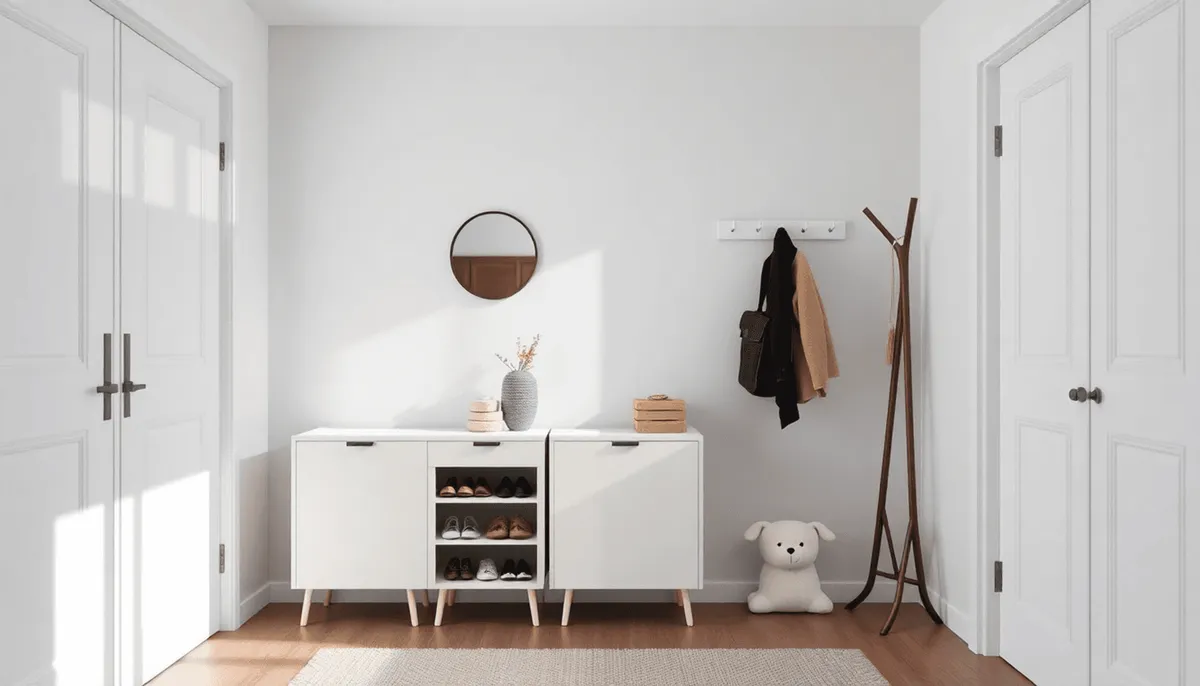 Entrée moderne et lumineuse avec des meubles minimalistes, un meuble à chaussures compact