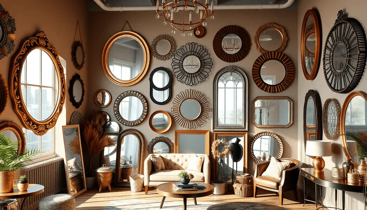 Intérieur lumineux et élégant avec des miroirs et cadres décoratifs muraux variés aux formes diverses