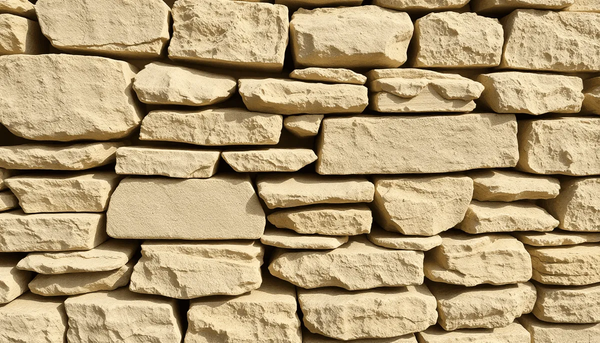 Gros plan de pierres en calcaire rustique empilées dans un mur de maçonnerie traditionnel