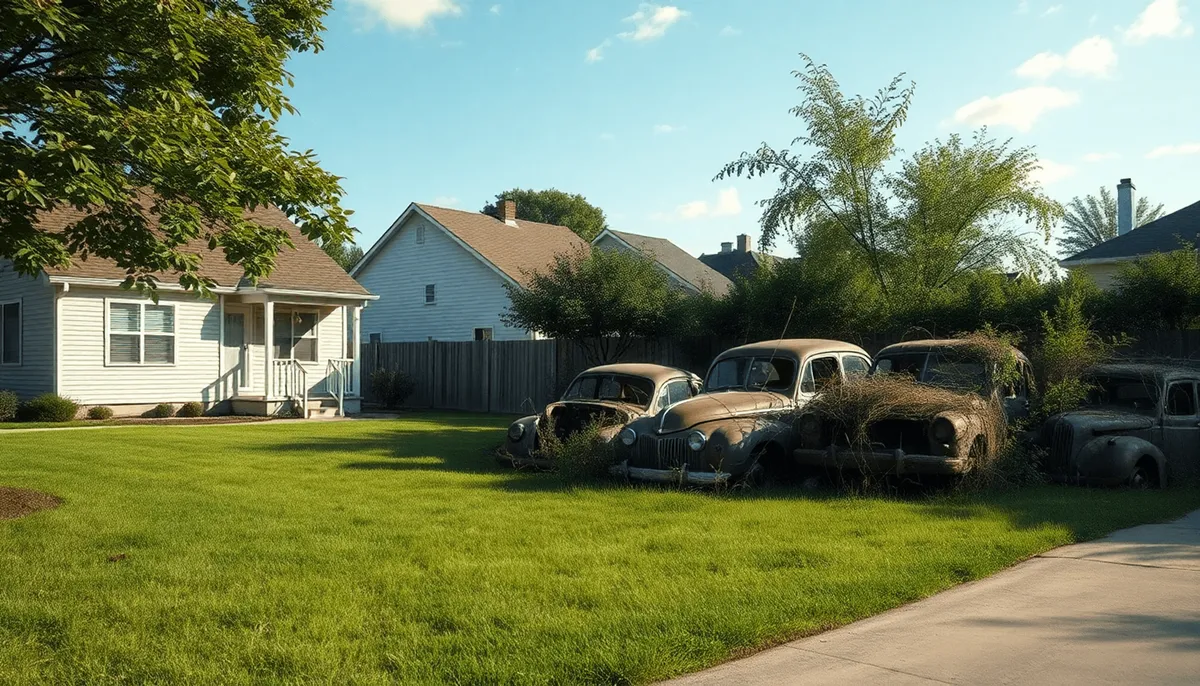 Maison paisible avec un jardin bien entretenu à côté d'un terrain privé de voitures abandonnées
