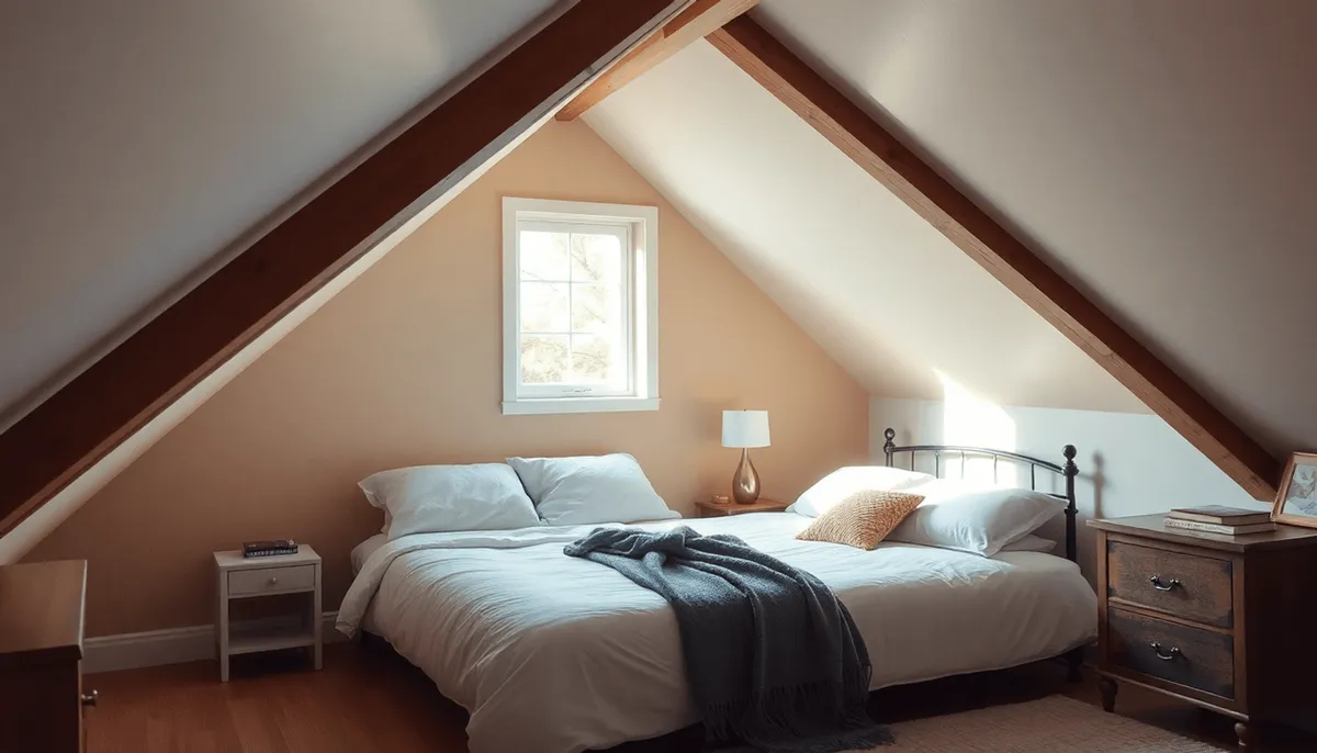 Chambre d'appoint cosy sous les combles avec des plafonds inclinés, une douce lumière naturelle