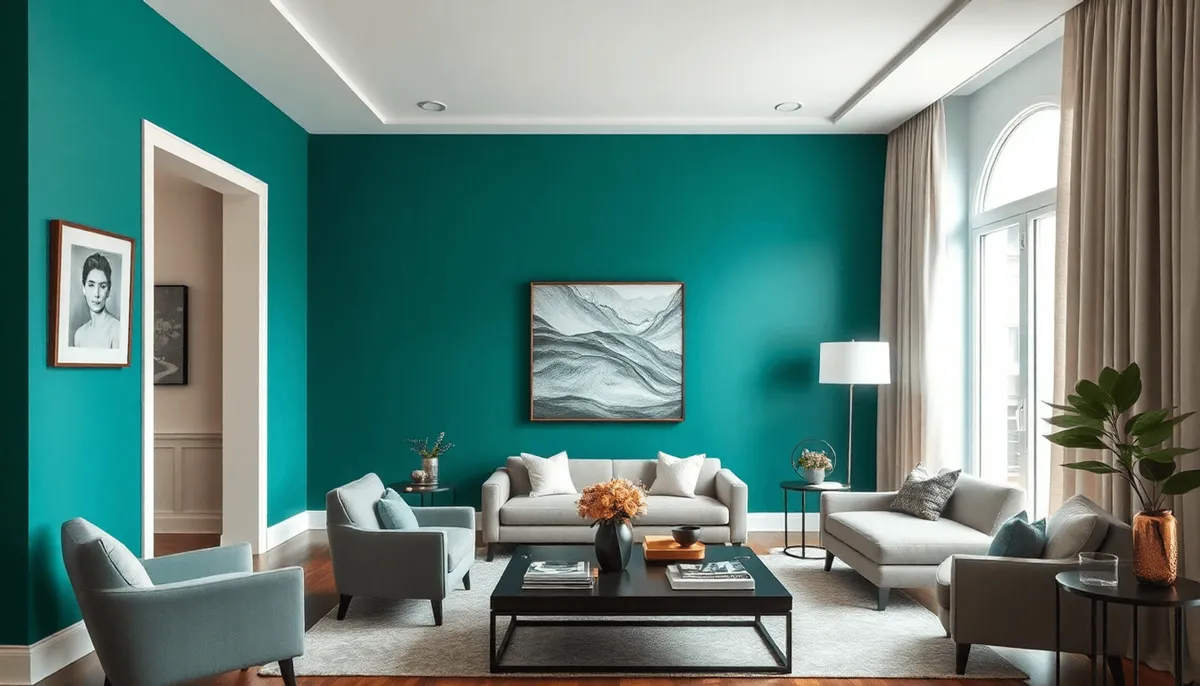 Intérieur moderne avec un mur accent teal, des meubles élégants aux tons neutres 