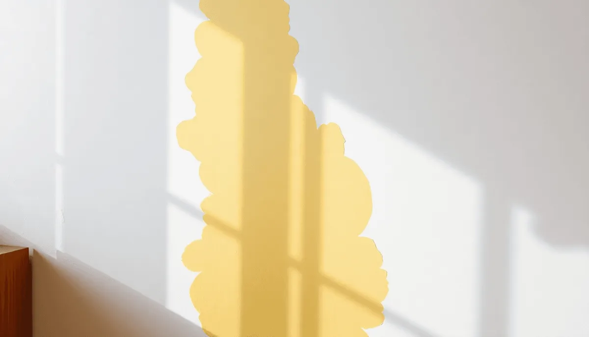 Mur intérieur avec une décoloration jaune doux et des effets d'humidité, partiellement ombragé