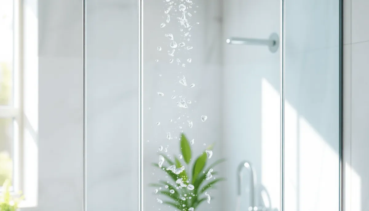 Douche de salle de bain moderne et lumineuse avec paroi en verre transparent, gouttes d'eau
