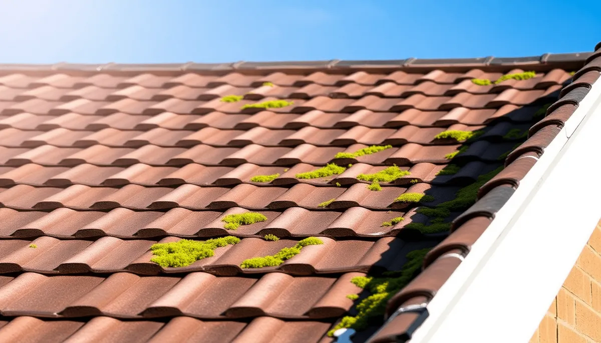 Gros plan : toiture montrant des tuiles propres contrastant avec des zones de mousse verte 