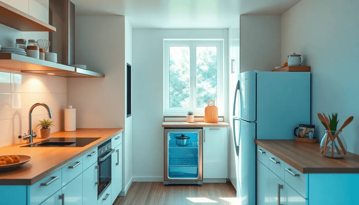 Cuisine moderne lumineuse et compacte avec réfrigérateur intégré, lignes épurées, design minimaliste