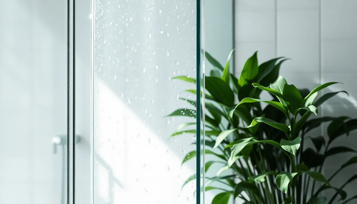 Douche de salle de bains lumineuse avec verre transparent, gouttes d'eau, vapeur, plantes 