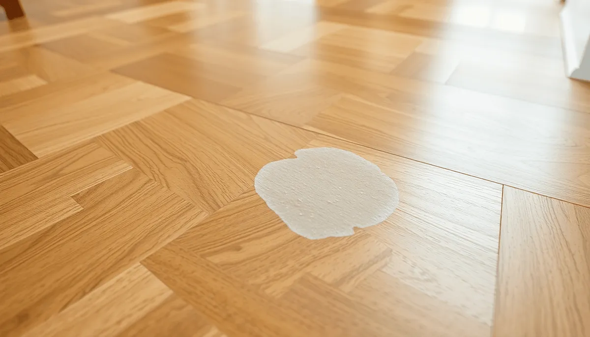 Gros plan sur un sol en parquet en bois avec une tache de décoloration pâle