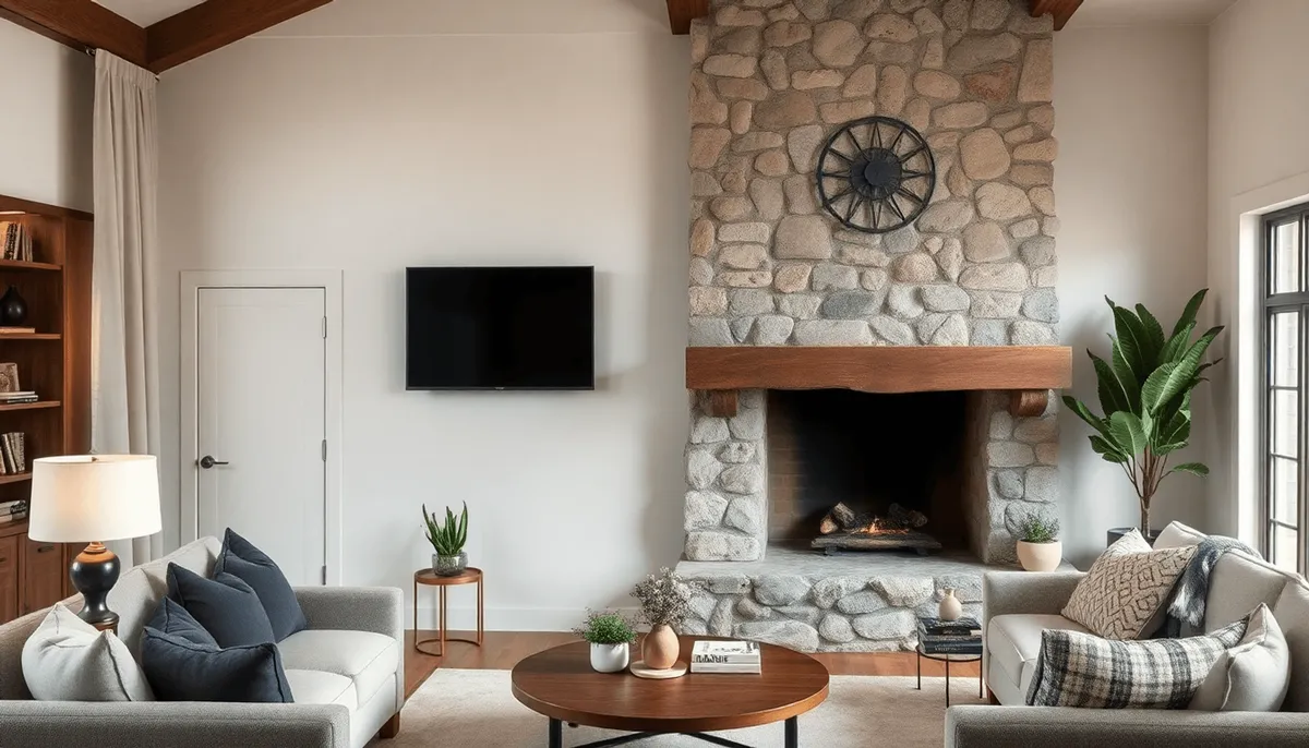Salon confortable avec cheminée en pierre rustique mise à jour dans des tons doux de blanc