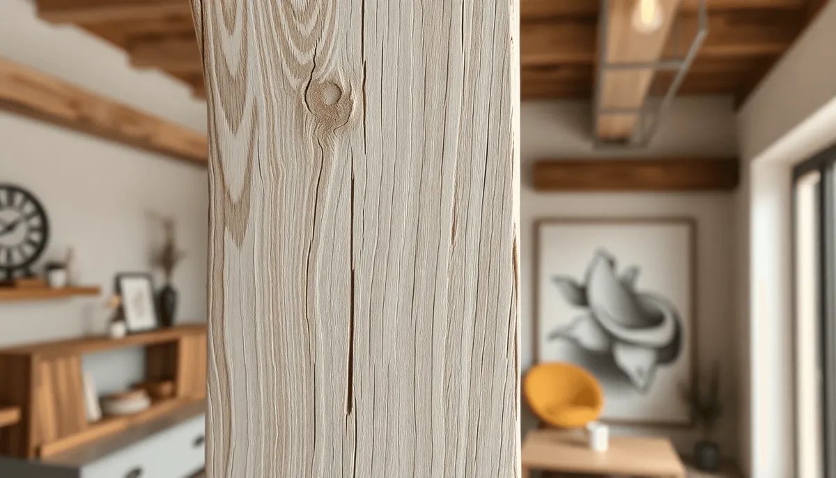 Gros plan sur une poutre en bois rustique avec finition blanchie à la chaux