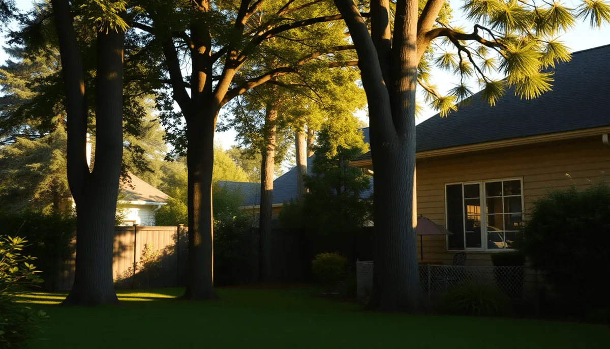 Un jardin avec de grands arbres projetant de longues ombres sur une maison et un jardin voisins