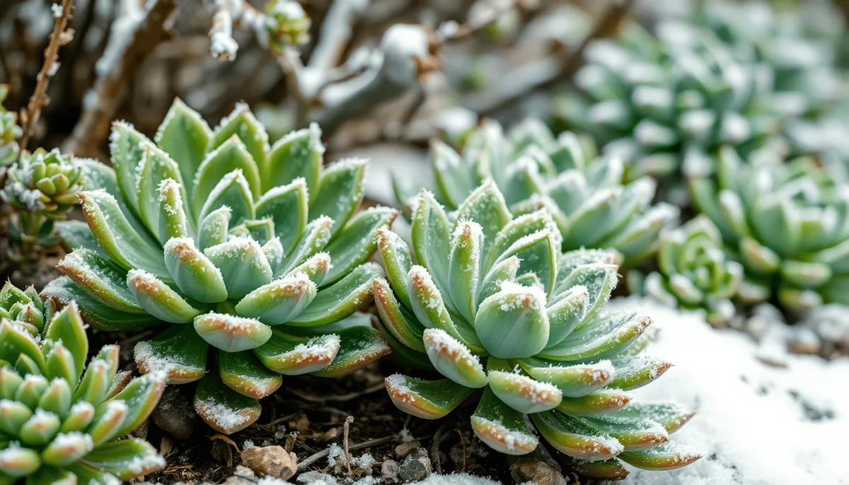 Jardin d'hiver avec des plantes succulentes recouvertes de givre affichant des teintes vertes et bleues