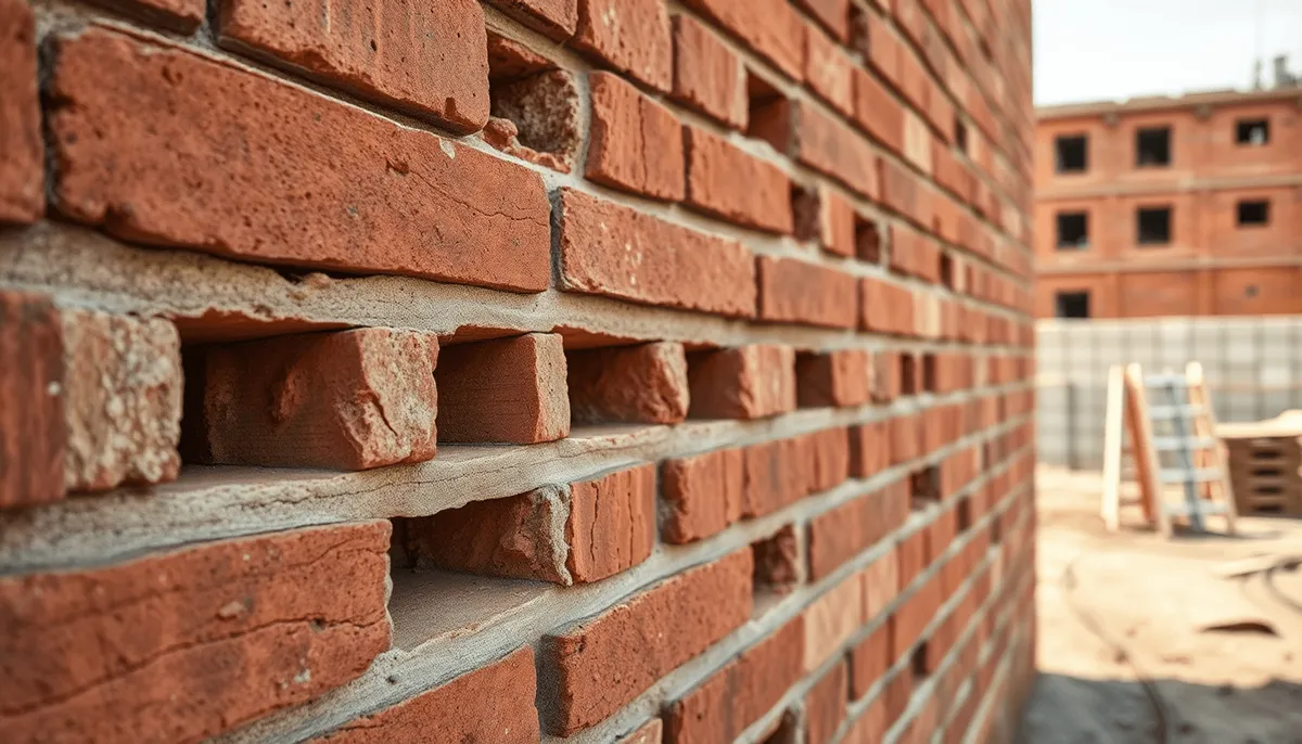 Gros plan d'un mur en briques creuses et robustes montrant la texture et les cavités, avec un arrière-plan ...