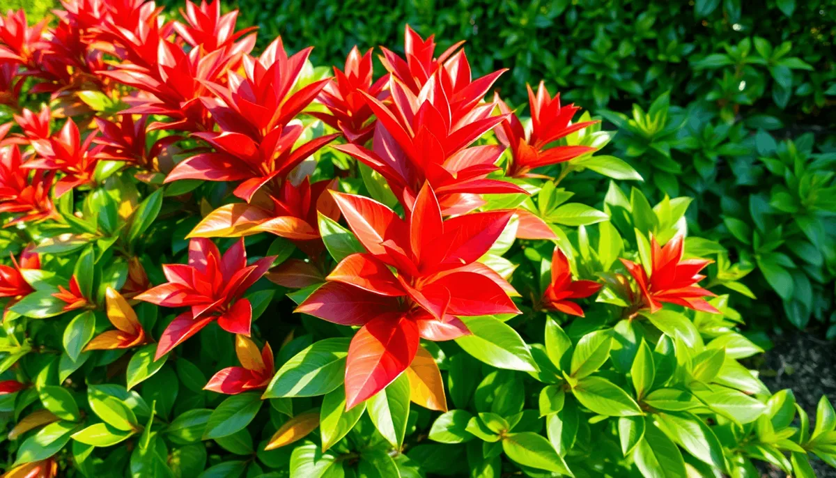 Un arbuste de photinia avec de nouvelles feuilles rouges vives et un feuillage vert dans un jardin
