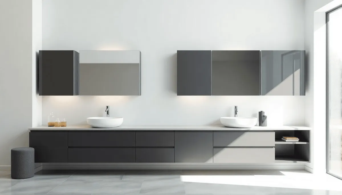 Salle de bain moderne et lumineuse avec meuble-lavabo mural, vasque, espace de sol ouvert 