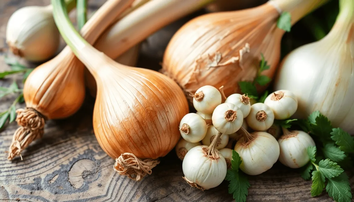 Gros plan d'un bulbe d'allium allongé en cuivre et de petits bulbes ronds groupés 