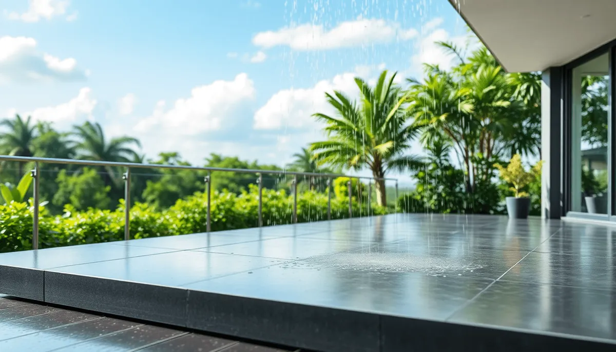 Terrasse moderne en plein air avec surface imperméable sous la pluie, entourée d'une végétation luxuriante