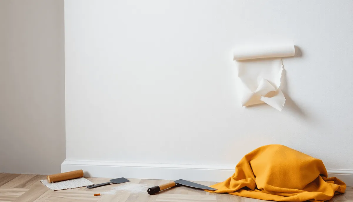 Gros plan sur du papier peint en fibre de verre texturé étant délicatement décollé d'un mur intérieur 