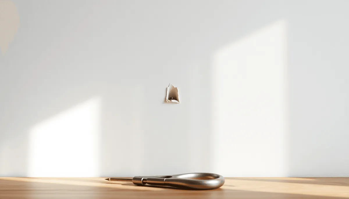 Gros plan sur un mur intérieur lisse avec un petit trou, lumière naturelle et outils à main sur une surface