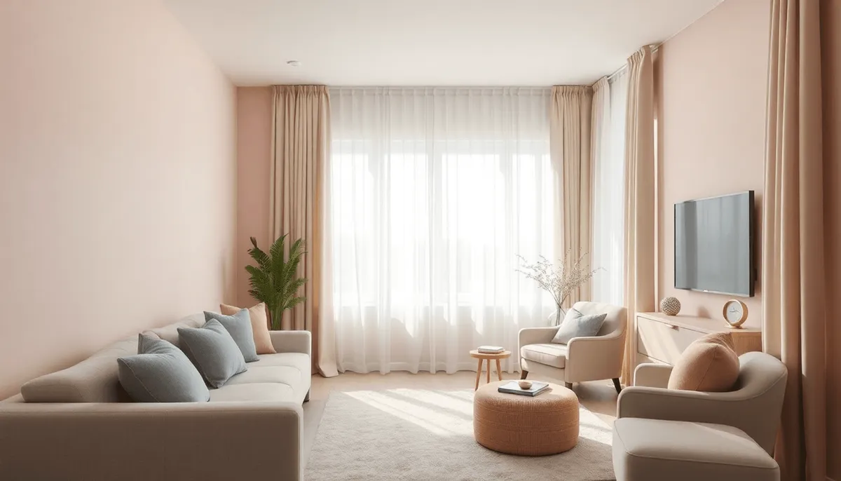 Salon moderne avec des murs rose pastel, des coussins moelleux, un fauteuil et des rideaux 