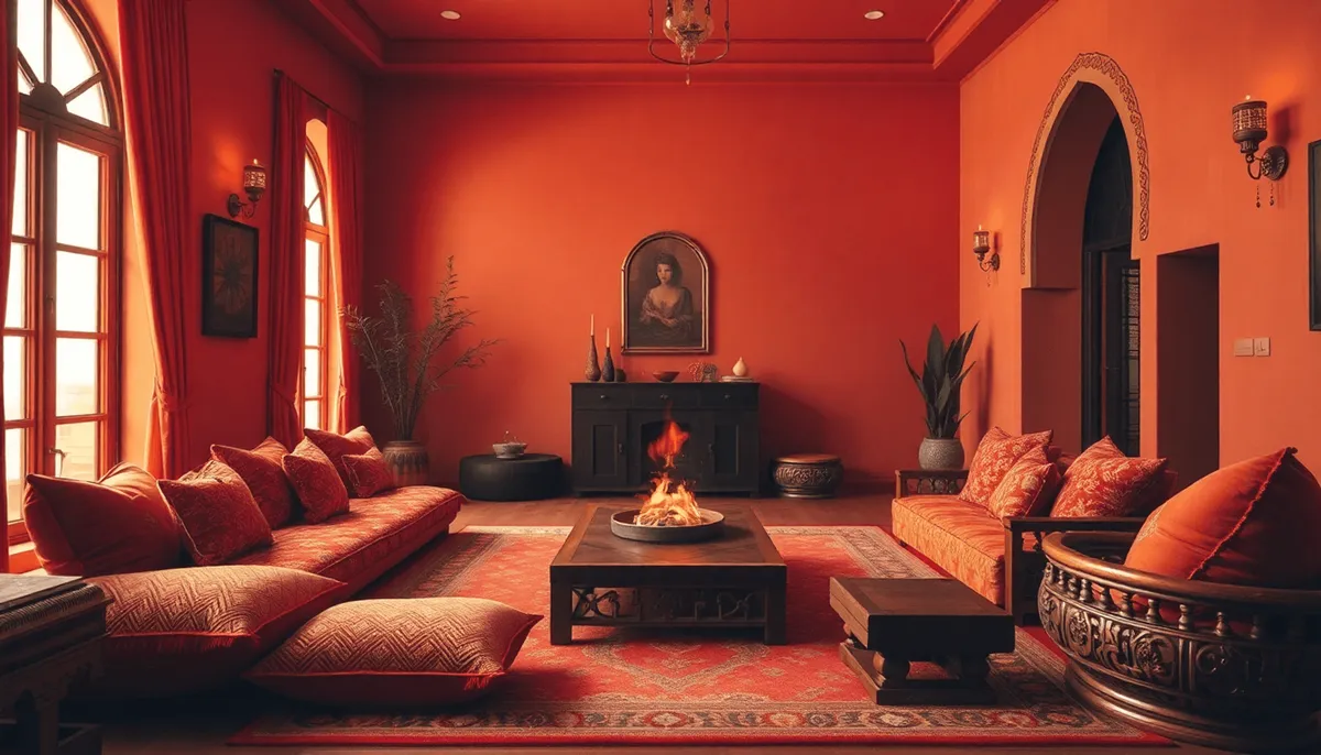 Salon de style marocain confortable avec des couleurs chaudes riches, des coussins moelleux