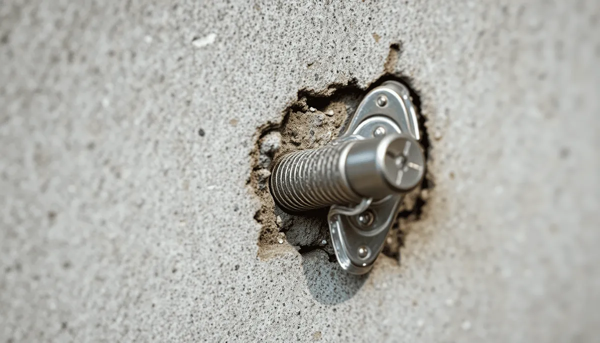 Gros plan d'un boulon d'ancrage fixé dans du béton avec de la résine brillante