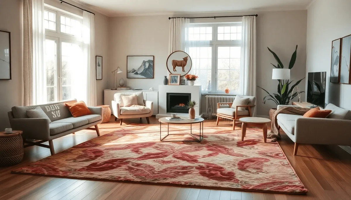 Salon confortable avec un tapis aux tons chauds, mobilier moderne scandinave et bohème
