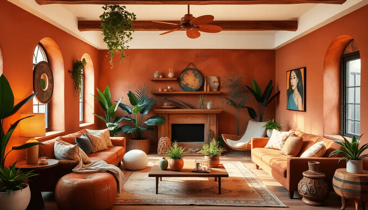 Salon confortable aux tons terracotta, décor en bois et en argile, mobilier organique, plantes vertes