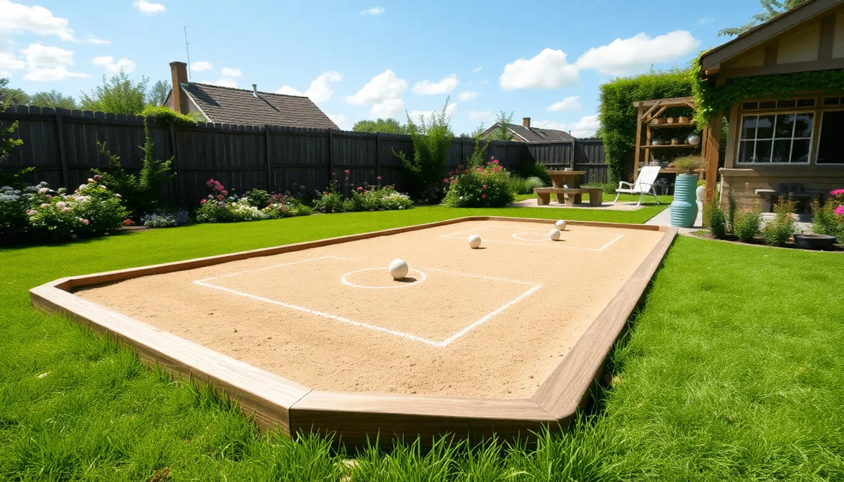 Jardin ensoleillé avec un terrain de pétanque soigneusement préparé, bordé de bords en bois