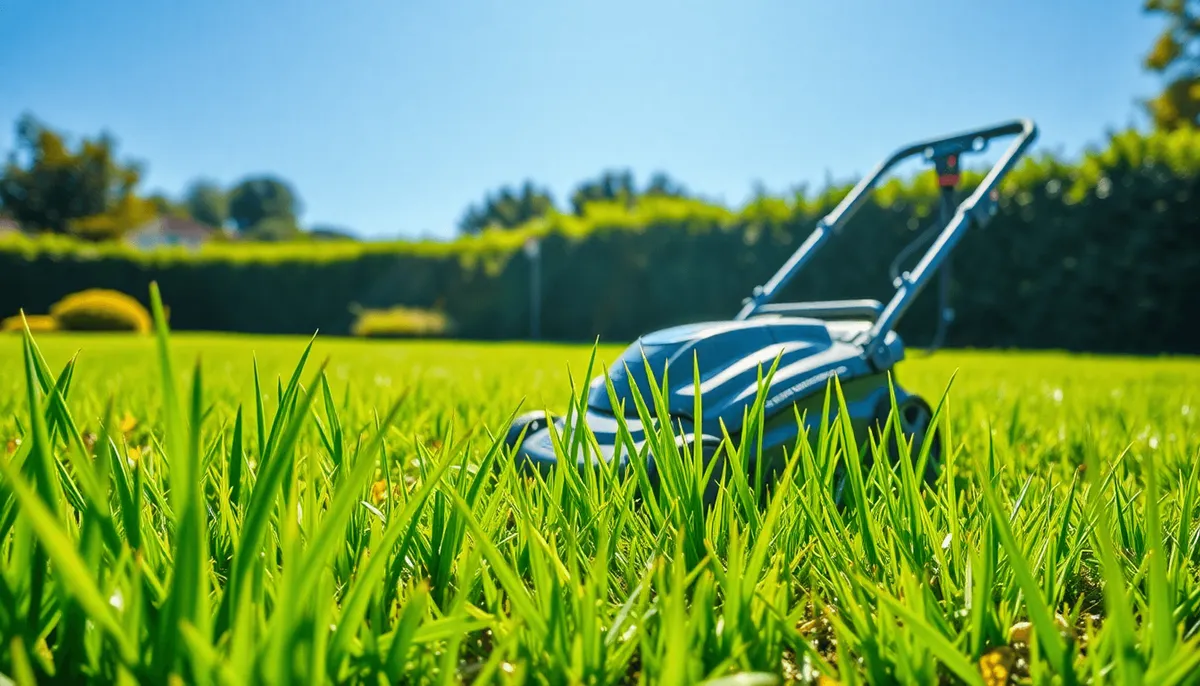 Une pelouse verte avec de l'herbe soigneusement tondue et une tondeuse à gazon électrique 