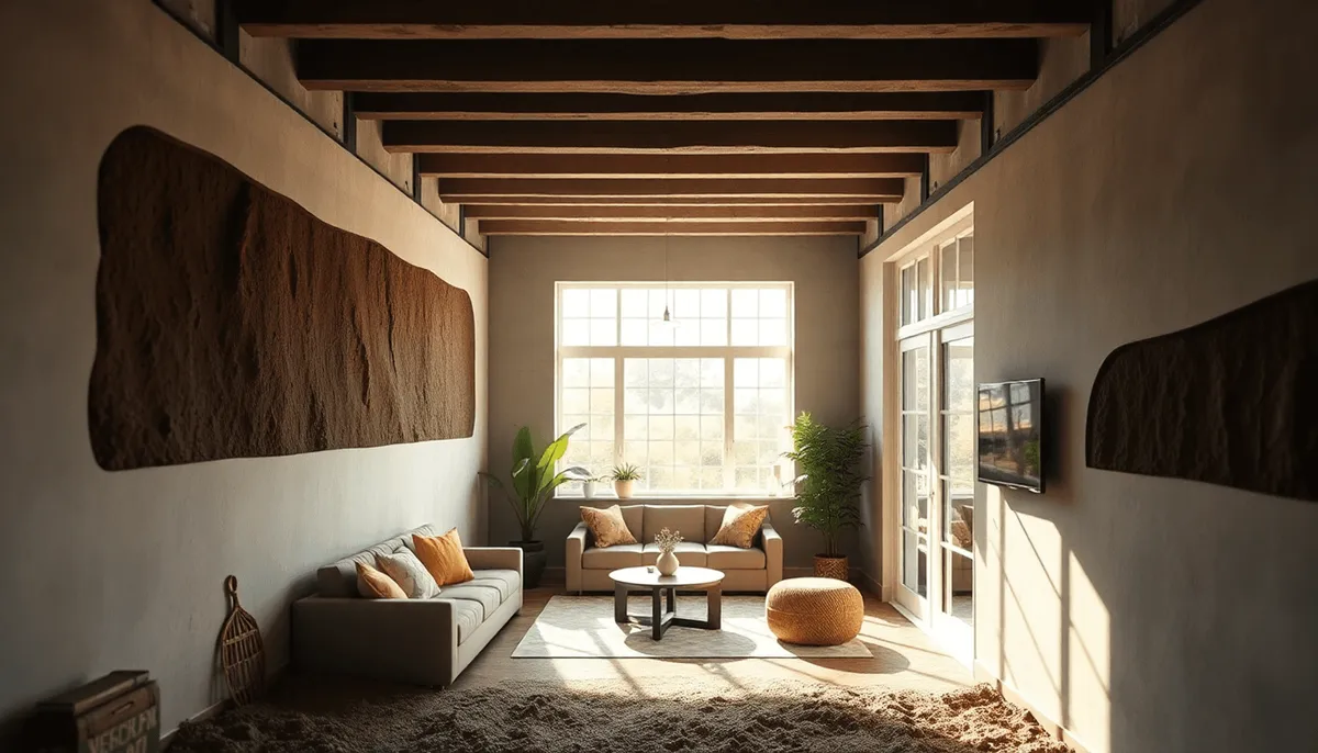 Espace de vie moderne et confortable au sous-sol avec de grandes fenêtres, lumière naturelle