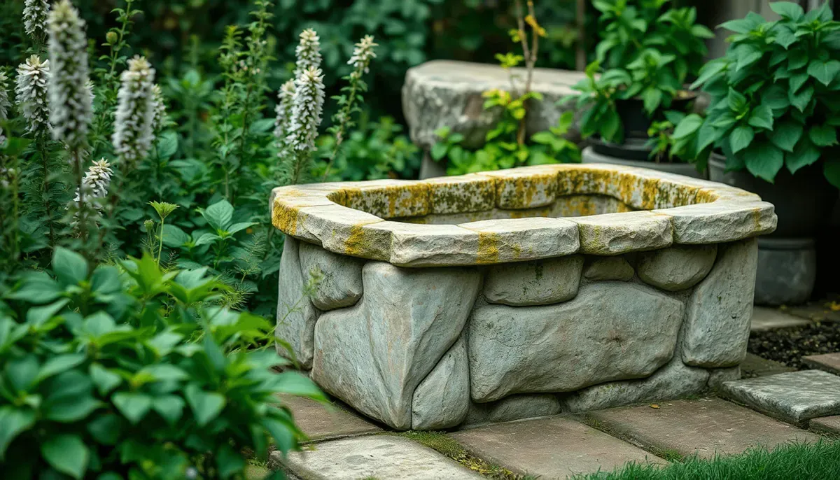 Un trough en pierre rustique avec de la mousse, niché dans un jardin luxuriant baigné de lumière