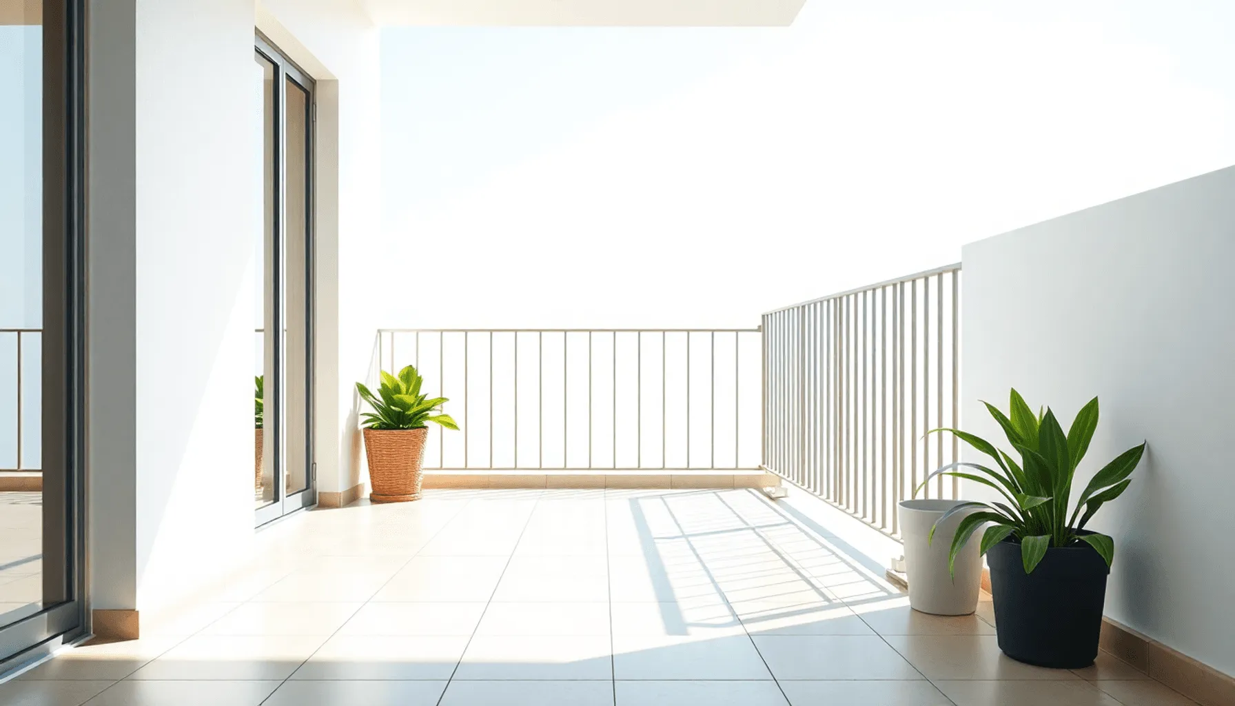Balcon ensoleillé avec des carreaux lisses, des rampes en métal simples et des plantes vertes 