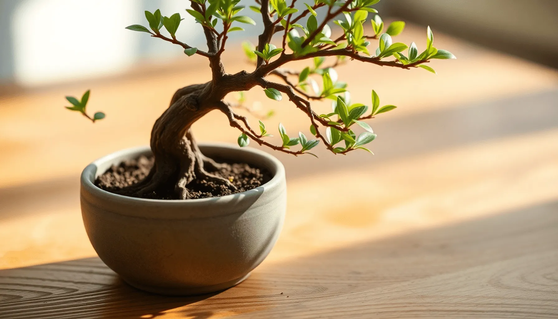 Bonsaï miniature avec des branches complexes et des feuilles vertes dans un pot en céramique