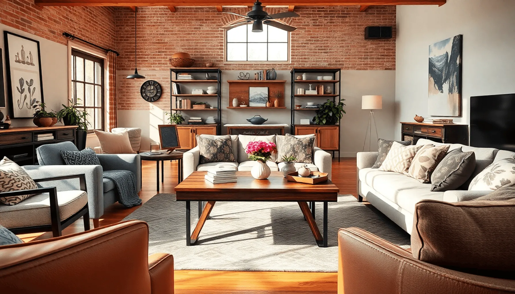 Salon confortable avec une table basse élégante, un canapé, des fauteuils et une belle lumière