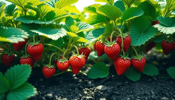 Gros plan sur des plants de fraises sains avec des feuilles vertes et des fraises rouges mûres 