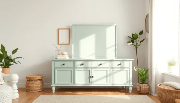 Intérieur avec des meubles en bois peints dans des couleurs pastel vert sauge, bleu pâle et lilas