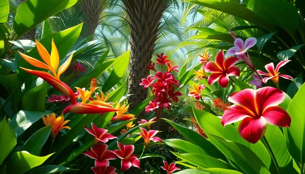 Jardin tropical luxuriant avec des feuilles vertes et des heliconias, hibiscus et orchidées