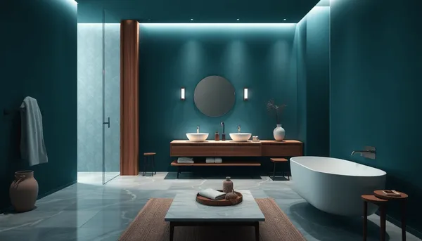 Salle de bain élégante avec des murs en teal profond, des accents en bois et en marbre