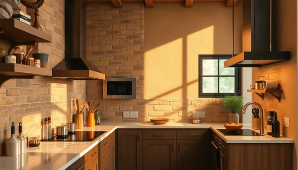 Cuisine chaleureuse avec des murs en pierre et en briques chaudes, dosseret en verre moderne