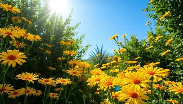 Fleurs jaunes vives dans un jardin verdoyant sous un ciel bleu clair, baignées de lumière chaude.