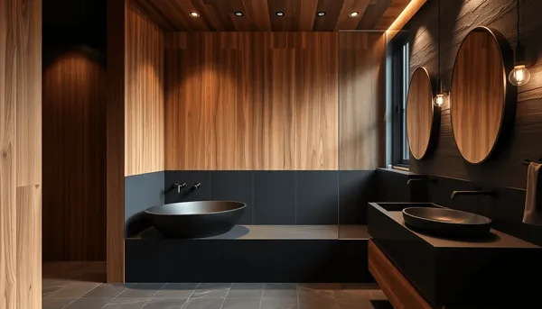 Salle de bain avec des surfaces noires mates, des accents en bois chaud, des lignes épurées 