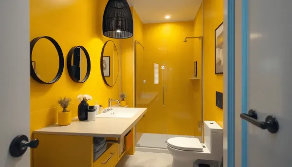 Salle de bain petite et cosy avec des accents audacieux en jaune et noir, éclairage élégant ...