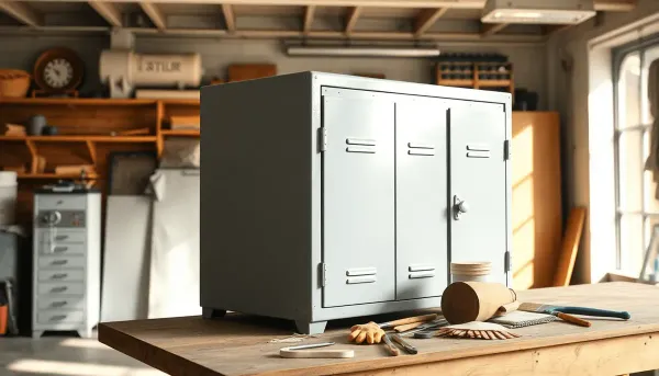 Armoire en métal vintage dans un atelier lumineux avec des pinceaux et du papier de verre 