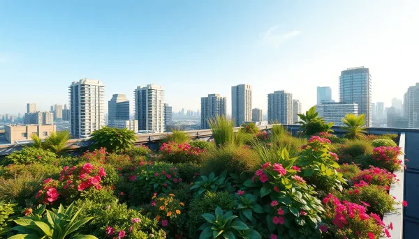 Jardin sur le toit luxuriant avec des fleurs et une verdure vibrantes sur les bâtiments de la ville