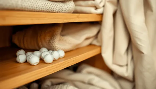 Gros plan sur des boules de naphtaline blanches brillantes sur des étagères en bois 