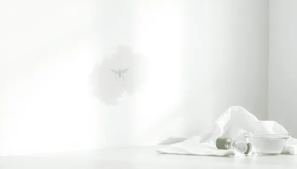 Mur intérieur lumineux avec une légère tache brunâtre, tissu blanc et petit bol de liquide clair