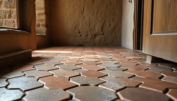 Gros plan sur des carreaux de sol en terre cuite hexagonaux avec des textures naturelles
