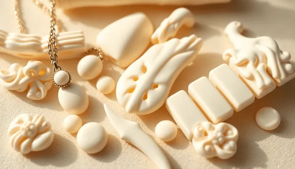 Gros plan de bijoux en ivoire blanc lisse et crémeux, de touches de piano et de sculptures sur un fond doux
