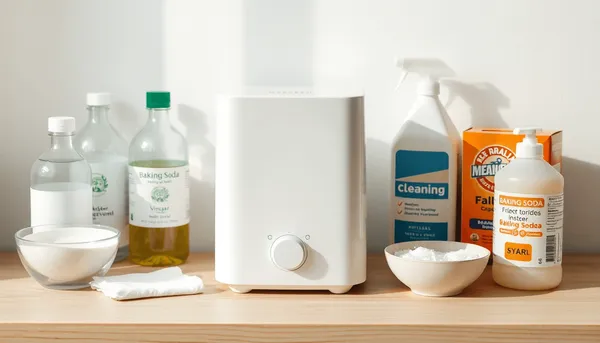 Appareil ménager en plastique blanc sur une surface en bois entouré d'ingrédients de nettoyage naturels